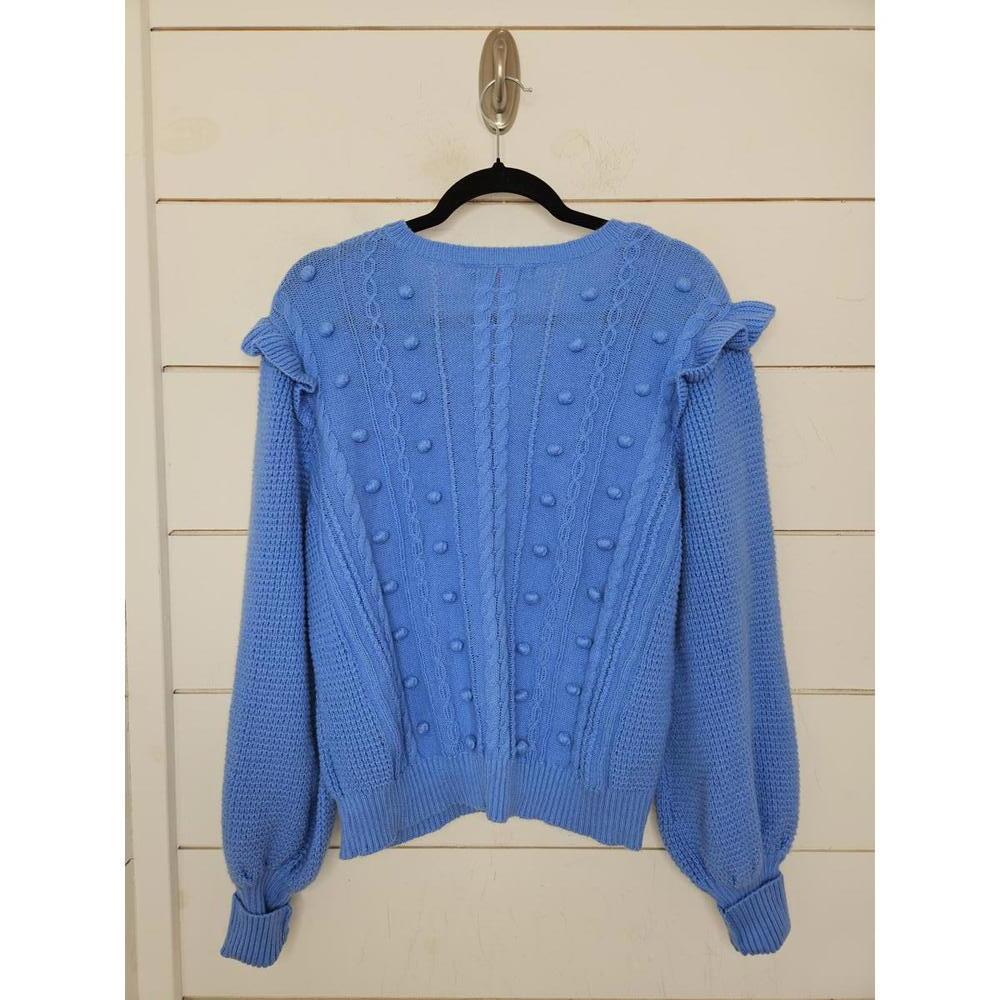 Lily Pulitzer XL Blue Greta V-Neck Pom Pom Cable Knit Sweater with Ruffle Detail - Picture 2 of 5